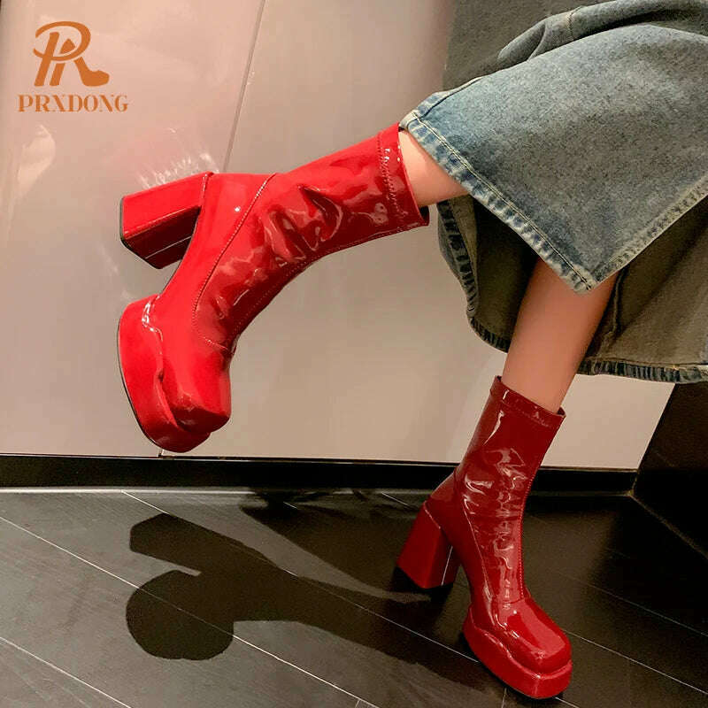 KIMLUD, PRXDONG 2023 Women's Shoes Ankle Boots Round Toe Thick High Heels Patent Leather Shoes Woman Autumn Winter Dress Office Ladies, KIMLUD Womens Clothes