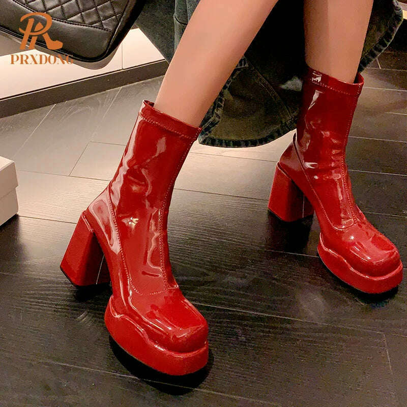 KIMLUD, PRXDONG 2023 Women's Shoes Ankle Boots Round Toe Thick High Heels Patent Leather Shoes Woman Autumn Winter Dress Office Ladies, KIMLUD Womens Clothes