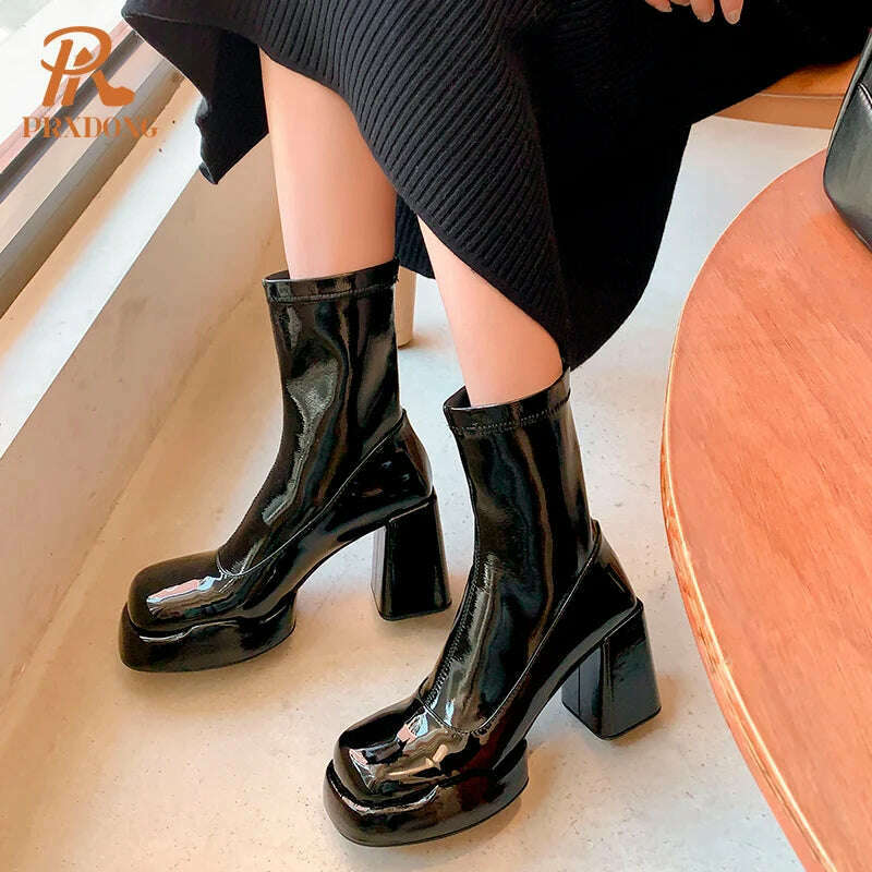 KIMLUD, PRXDONG 2023 Women's Shoes Ankle Boots Round Toe Thick High Heels Patent Leather Shoes Woman Autumn Winter Dress Office Ladies, KIMLUD Womens Clothes