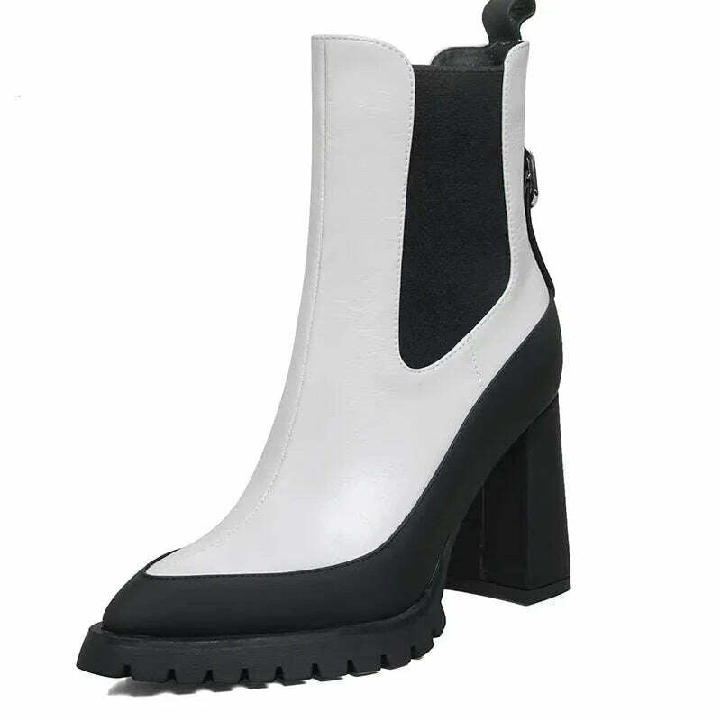 PRXDONG Genuine Leather Autumn Winter Warm Ankle Boots Chunky High Heels Platform Black Silver Dress Party Lady Shoes Size 34-39 - KIMLUD