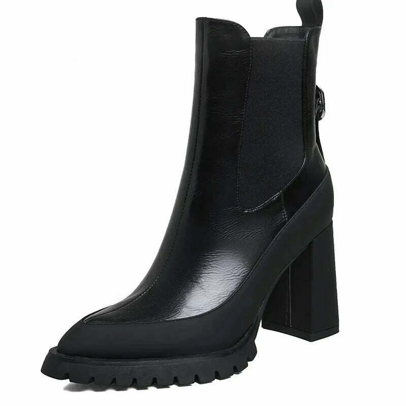 PRXDONG Genuine Leather Autumn Winter Warm Ankle Boots Chunky High Heels Platform Black Silver Dress Party Lady Shoes Size 34-39 - KIMLUD