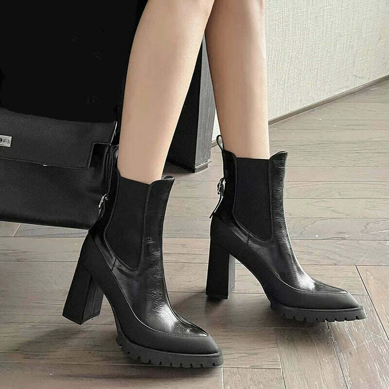 PRXDONG Genuine Leather Autumn Winter Warm Ankle Boots Chunky High Heels Platform Black Silver Dress Party Lady Shoes Size 34-39 - KIMLUD