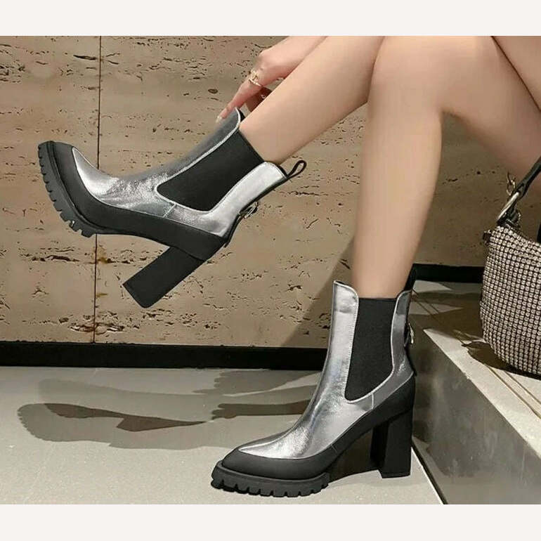 PRXDONG Genuine Leather Autumn Winter Warm Ankle Boots Chunky High Heels Platform Black Silver Dress Party Lady Shoes Size 34-39 - KIMLUD