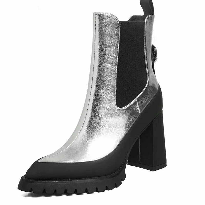 PRXDONG Genuine Leather Autumn Winter Warm Ankle Boots Chunky High Heels Platform Black Silver Dress Party Lady Shoes Size 34-39 - KIMLUD