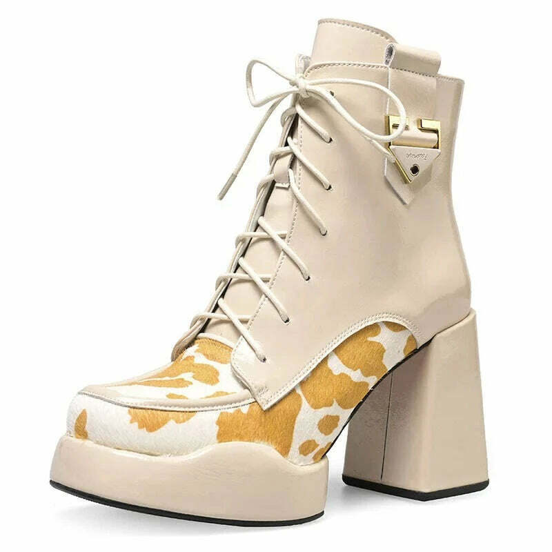 KIMLUD, PRXDONG Genuine Leather Women's Ankle Boots New Fashion Real Fur Chunky High Heels Platform Black Beige Dress Party Lady Shoes, beige / 34 / China, KIMLUD APPAREL - Womens Clothes