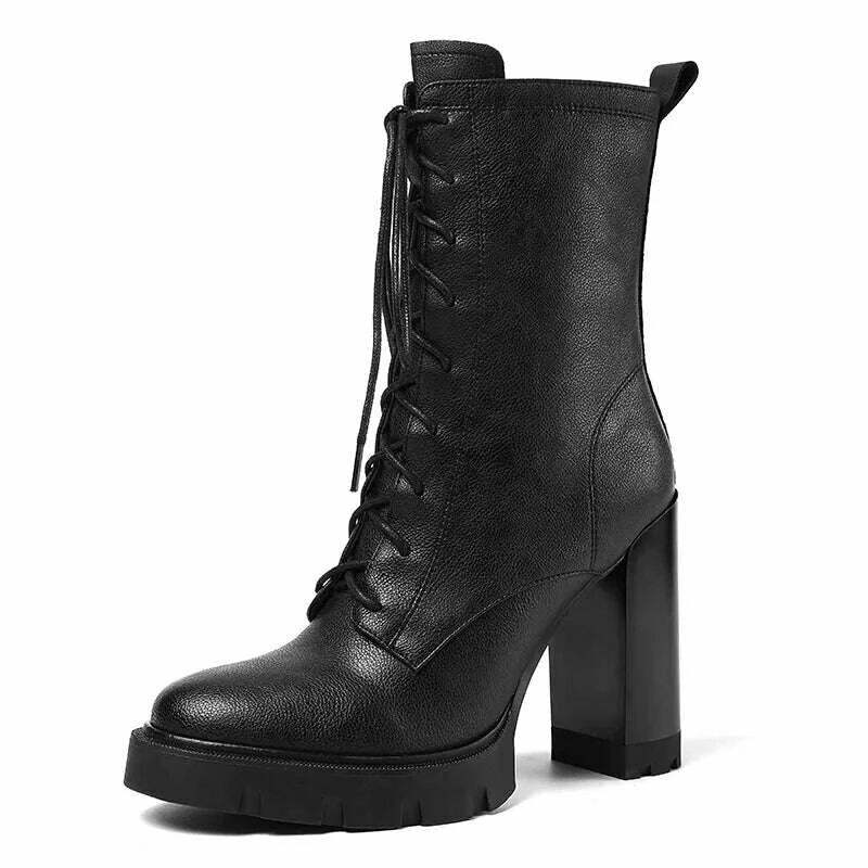 KIMLUD, PRXDONG Women's Shoes New Classics Genuine Cow Leather Chunky High Heels Autumn WInter Warm Ankle Boots Black Brown Dress Party, black / 34 / China, KIMLUD APPAREL - Womens Clothes