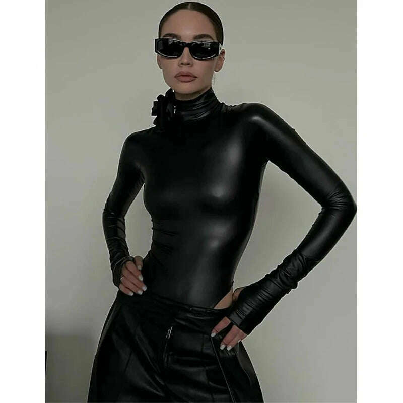 KIMLUD, PU Faux Leather Black Tie Flower Turtleneck Long Sleeve Buttons Sexy Bodysuit Bodycon Winter Women Streetwear Club Rompers, black / S, KIMLUD APPAREL - Womens Clothes