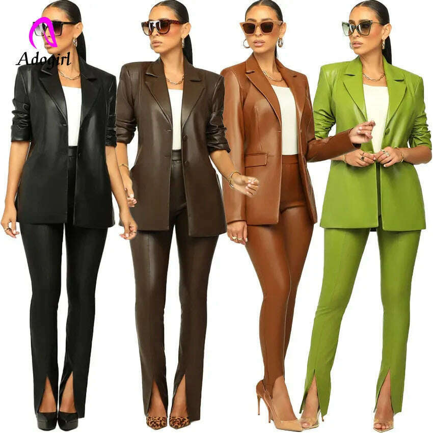 KIMLUD, PU Leather Office Lady Women 2 Piece Set Notch Neck Blazer High Waist Pants Matching Set 2022 Autumn Work Wear Slim Tracksuits, KIMLUD Women's Clothes