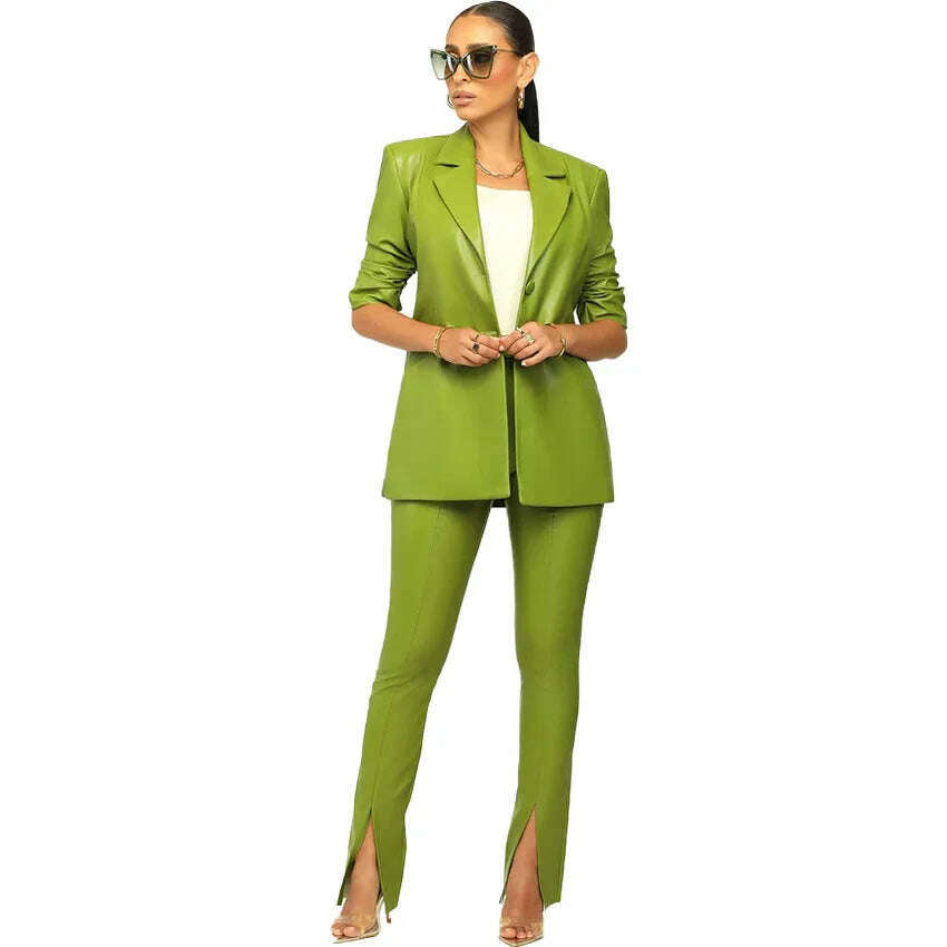 KIMLUD, PU Leather Office Lady Women 2 Piece Set Notch Neck Blazer High Waist Pants Matching Set 2022 Autumn Work Wear Slim Tracksuits, green / S / United States, KIMLUD Womens Clothes