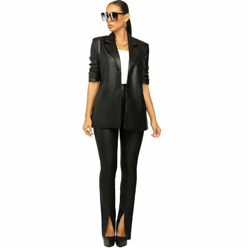 KIMLUD, PU Leather Office Lady Women 2 Piece Set Notch Neck Blazer High Waist Pants Matching Set 2022 Autumn Work Wear Slim Tracksuits, Black / S / United States, KIMLUD APPAREL - Womens Clothes