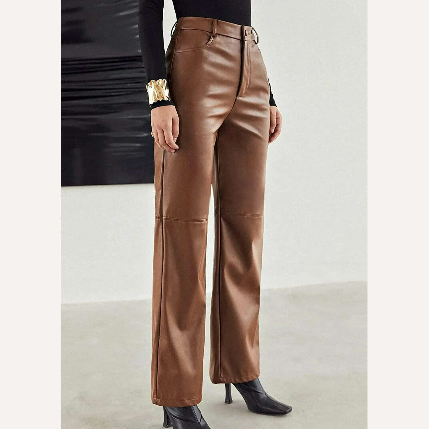 KIMLUD, PU Leather Pants High Waist Pockets Women's Green Black Wide Leg Pants 2021 Autumn Winter Fashion New TrousersBlusas Loose Shirt, Auburn / XS, KIMLUD APPAREL - Womens Clothes