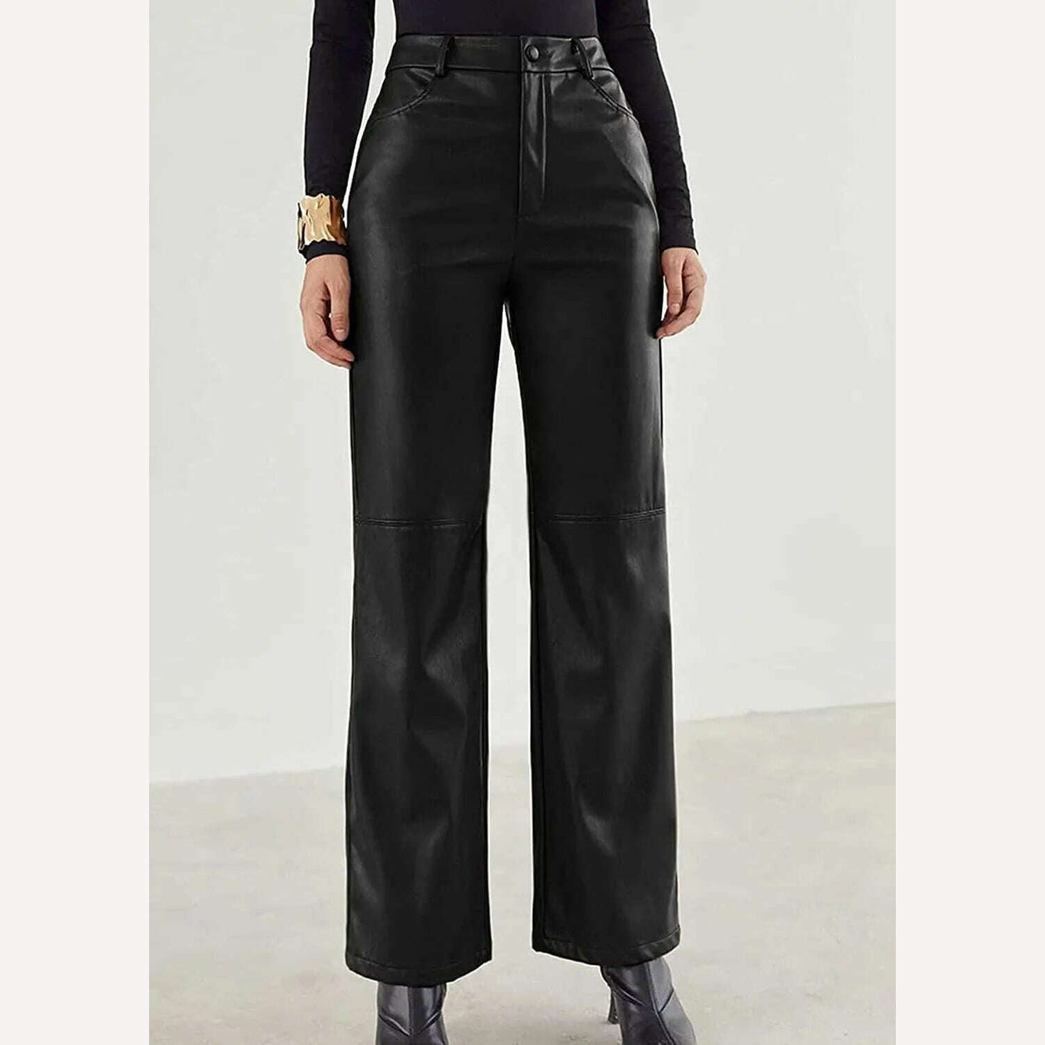 KIMLUD, PU Leather Pants High Waist Pockets Women's Green Black Wide Leg Pants 2021 Autumn Winter Fashion New TrousersBlusas Loose Shirt, KIMLUD Womens Clothes