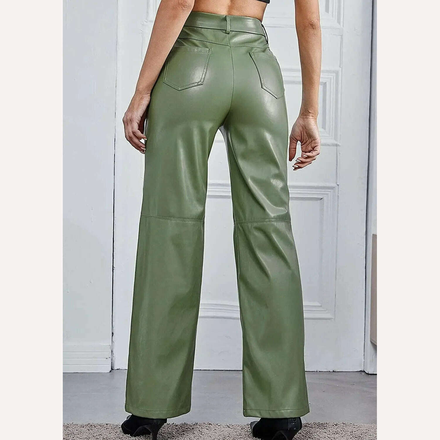 KIMLUD, PU Leather Pants High Waist Pockets Women's Green Black Wide Leg Pants 2021 Autumn Winter Fashion New TrousersBlusas Loose Shirt, KIMLUD Womens Clothes