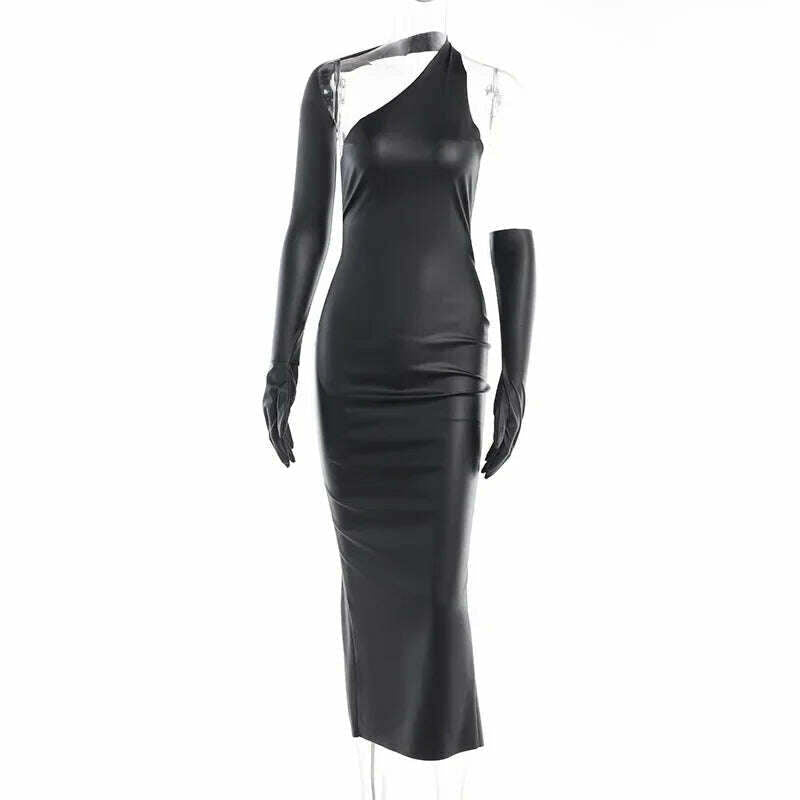KIMLUD, PU Leather Sexy One Shoulder Y2K Party Club Maxi Dress Outfits Bodycon Women Autumn Winter Backless Split Long Dresses Vestido, KIMLUD Womens Clothes