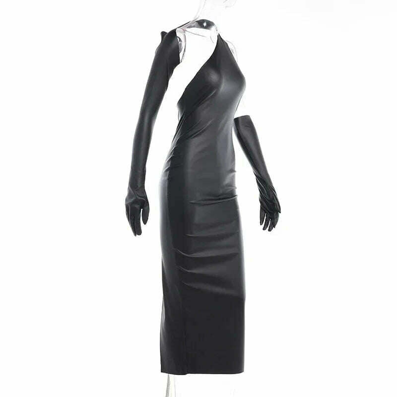 KIMLUD, PU Leather Sexy One Shoulder Y2K Party Club Maxi Dress Outfits Bodycon Women Autumn Winter Backless Split Long Dresses Vestido, KIMLUD Womens Clothes