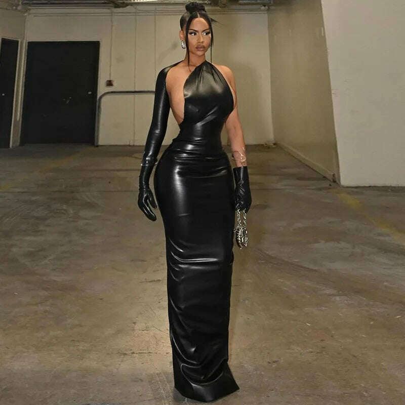 KIMLUD, PU Leather Sexy One Shoulder Y2K Party Club Maxi Dress Outfits Bodycon Women Autumn Winter Backless Split Long Dresses Vestido, KIMLUD Womens Clothes