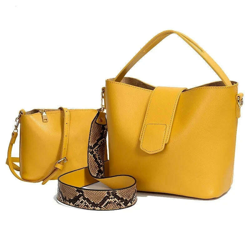 KIMLUD, PU leather shoulder bags for woman messenger bags Serpentine wide strap Women bucket bag Composite Handbags bolsa feminina black, KIMLUD Womens Clothes