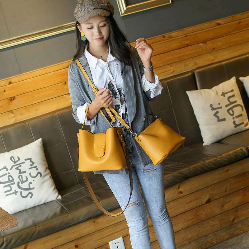 KIMLUD, PU leather shoulder bags for woman messenger bags Serpentine wide strap Women bucket bag Composite Handbags bolsa feminina black, KIMLUD Womens Clothes