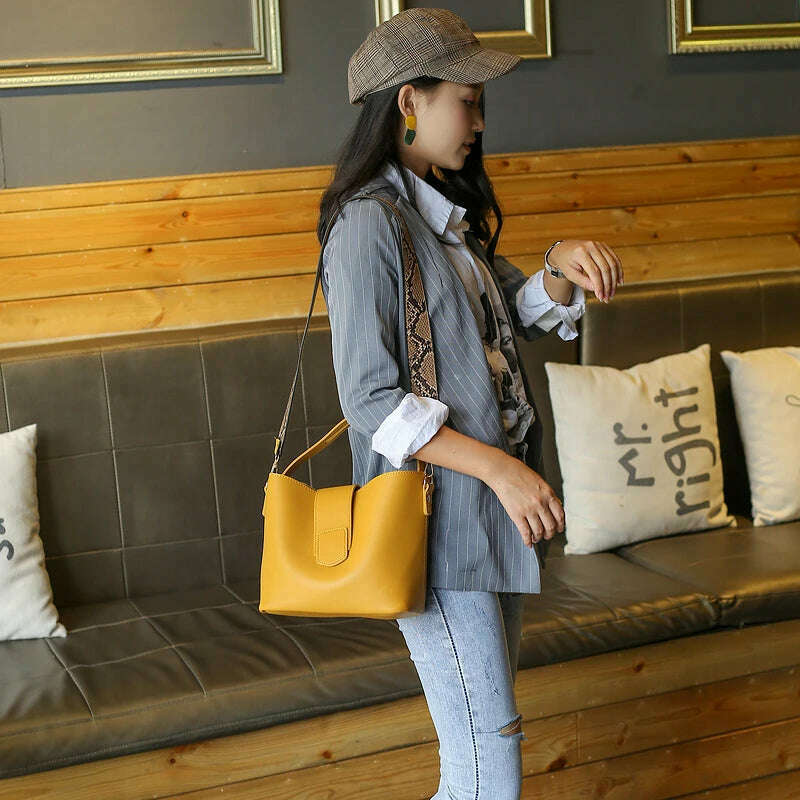 KIMLUD, PU leather shoulder bags for woman messenger bags Serpentine wide strap Women bucket bag Composite Handbags bolsa feminina black, KIMLUD Womens Clothes