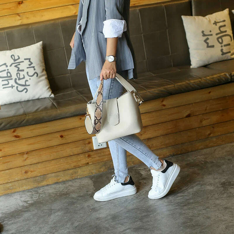 KIMLUD, PU leather shoulder bags for woman messenger bags Serpentine wide strap Women bucket bag Composite Handbags bolsa feminina black, KIMLUD Womens Clothes