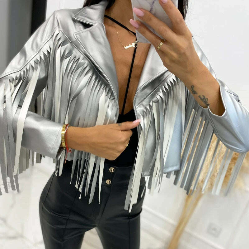 KIMLUD, PU Leather Tassel Women's Jacket 2023 Autumn Turn Down Collar Spliced Casual Jackets Female Fashion Streetwear Short Coats, KIMLUD Womens Clothes