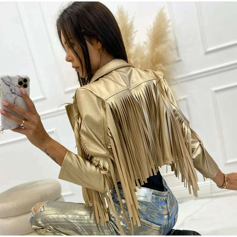 KIMLUD, PU Leather Tassel Women's Jacket 2023 Autumn Turn Down Collar Spliced Casual Jackets Female Fashion Streetwear Short Coats, KIMLUD Womens Clothes