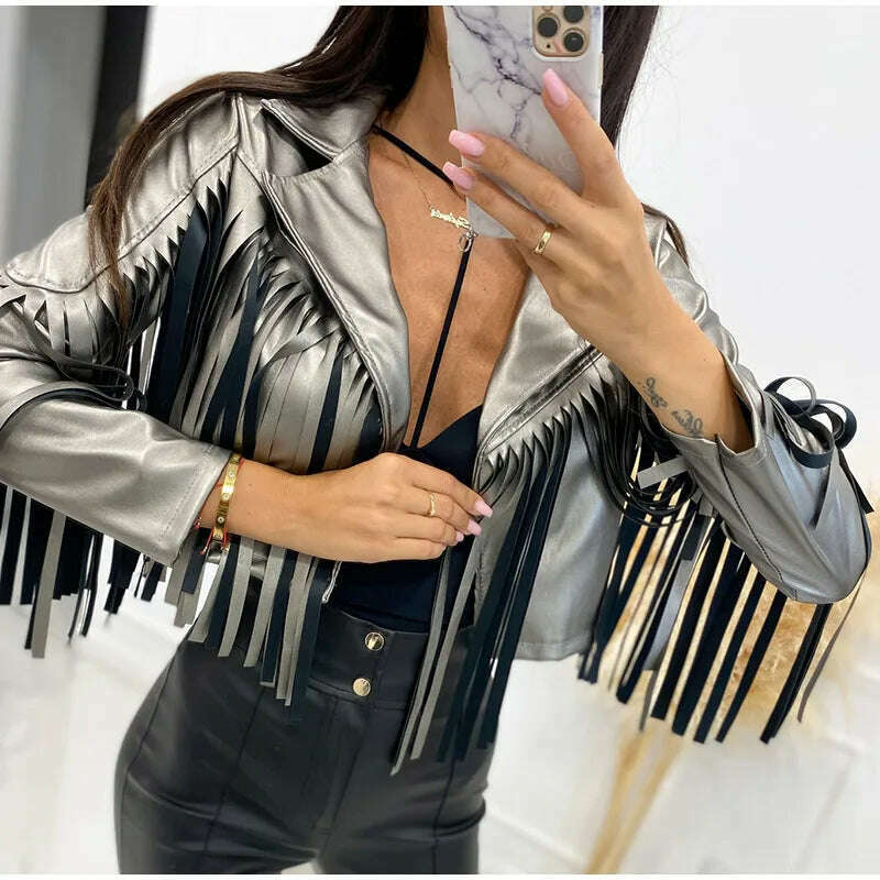 KIMLUD, PU Leather Tassel Women's Jacket 2023 Autumn Turn Down Collar Spliced Casual Jackets Female Fashion Streetwear Short Coats, KIMLUD Womens Clothes