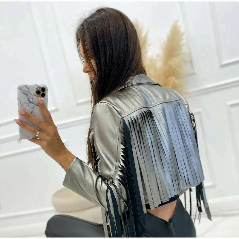 KIMLUD, PU Leather Tassel Women's Jacket 2023 Autumn Turn Down Collar Spliced Casual Jackets Female Fashion Streetwear Short Coats, KIMLUD Womens Clothes