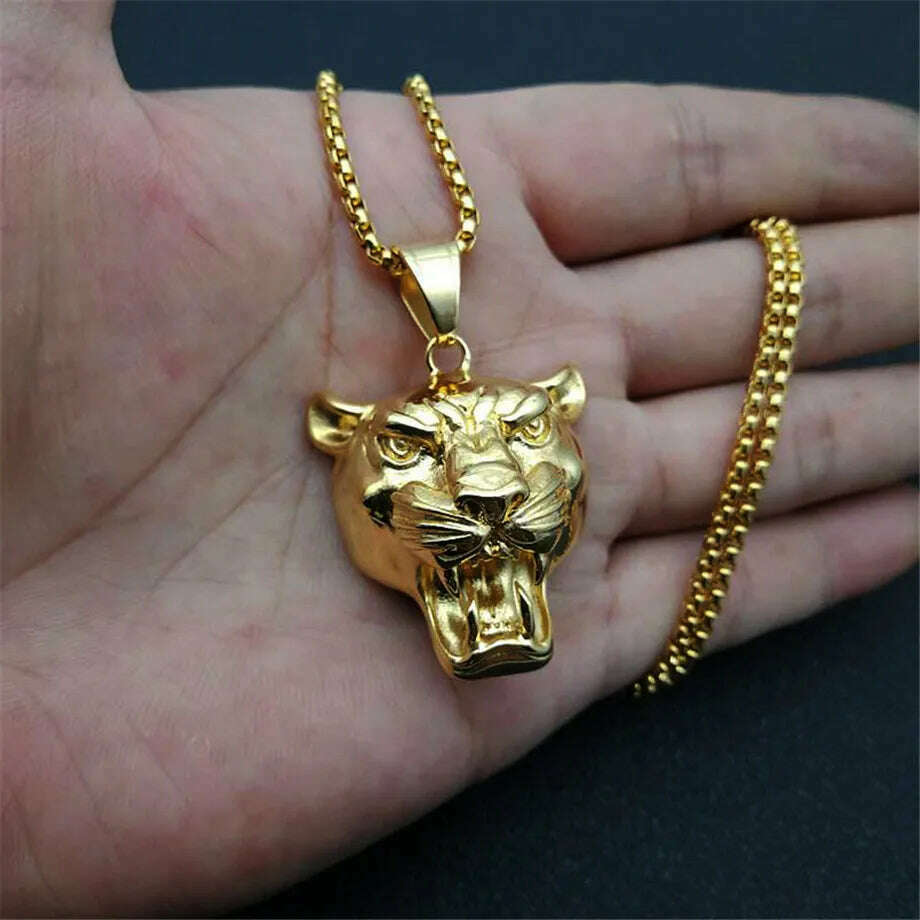 KIMLUD, Punk New Fashion Lion Head Pendant Necklaces Male Gold Color Stainless Steel Animal Statement Necklace For Men Jewelry 2020, KIMLUD Womens Clothes