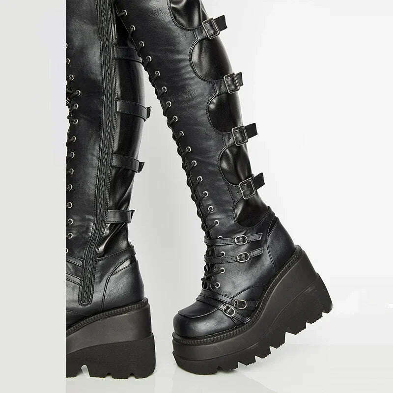 KIMLUD, Punk Over-the-knee Boots Women Platform Heels Belt Buckle Boot Motorcycle Goth Shoe Thigh High Flat Boots Plus Size 42 43, KIMLUD Womens Clothes
