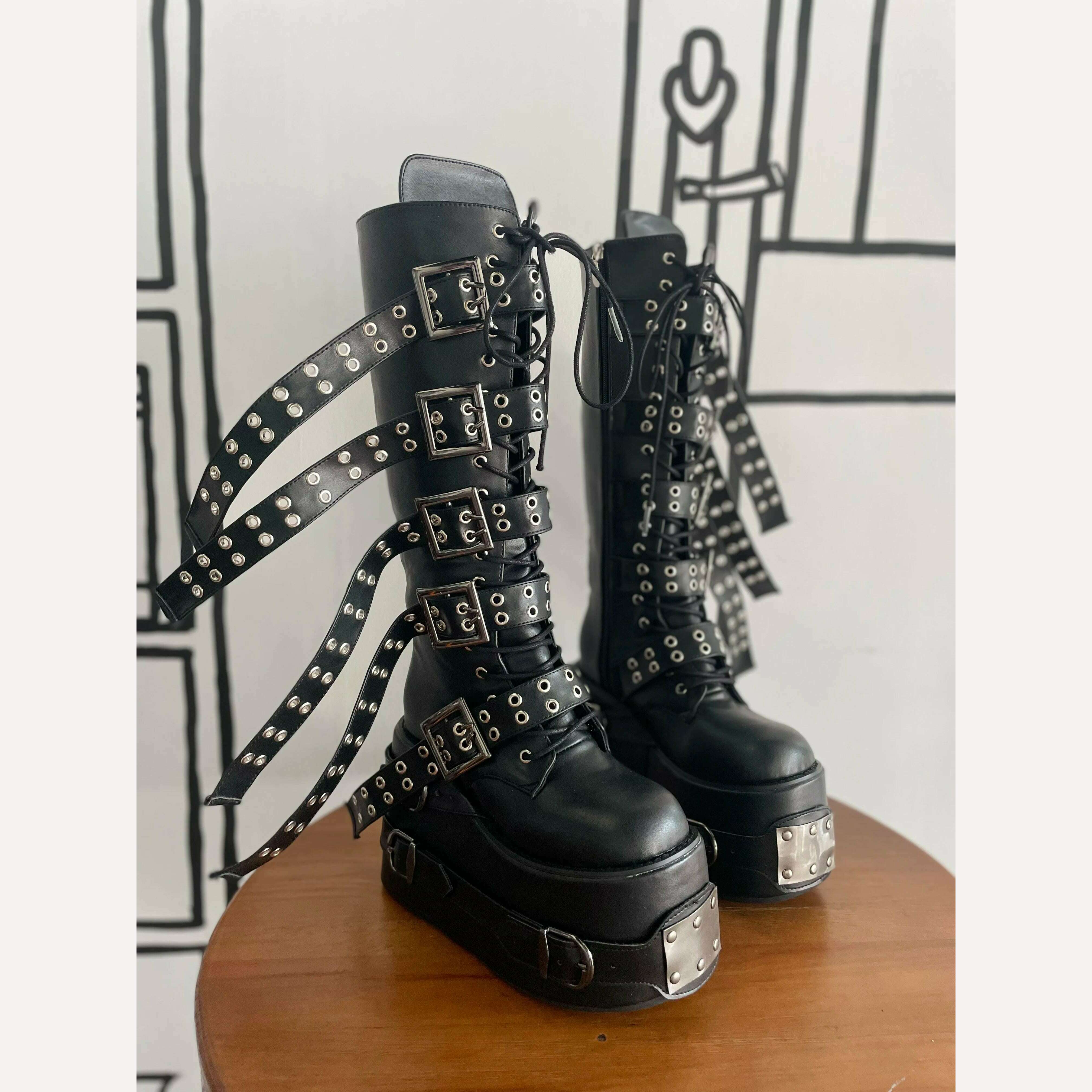 KIMLUD, Punk Platform Knee-high boots Long Belt Buckle High Heels Wedges Metal Sheet Round Toe Lace Up Zip Boots Woman Man Gothic Shoes, KIMLUD Womens Clothes
