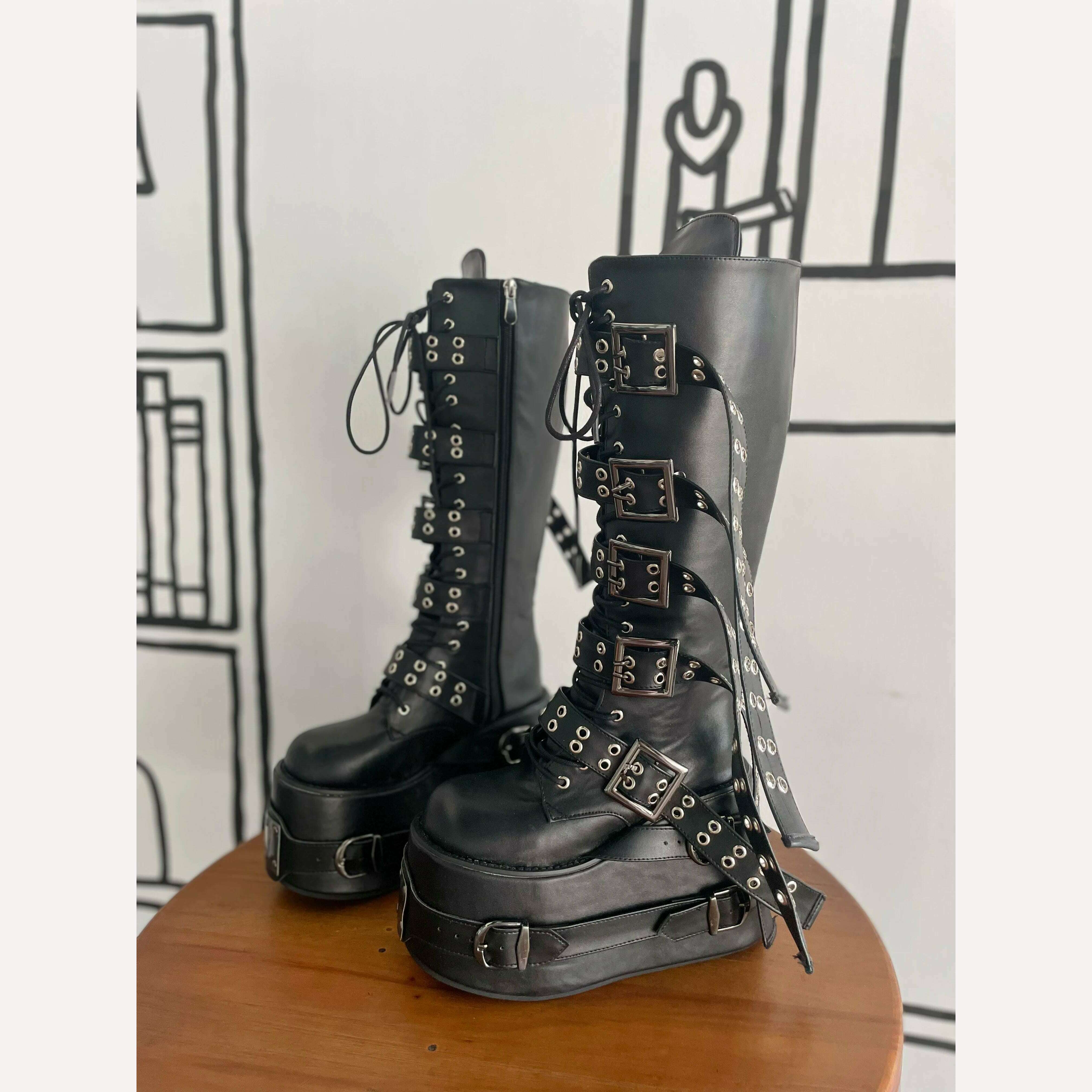 KIMLUD, Punk Platform Knee-high boots Long Belt Buckle High Heels Wedges Metal Sheet Round Toe Lace Up Zip Boots Woman Man Gothic Shoes, KIMLUD Womens Clothes