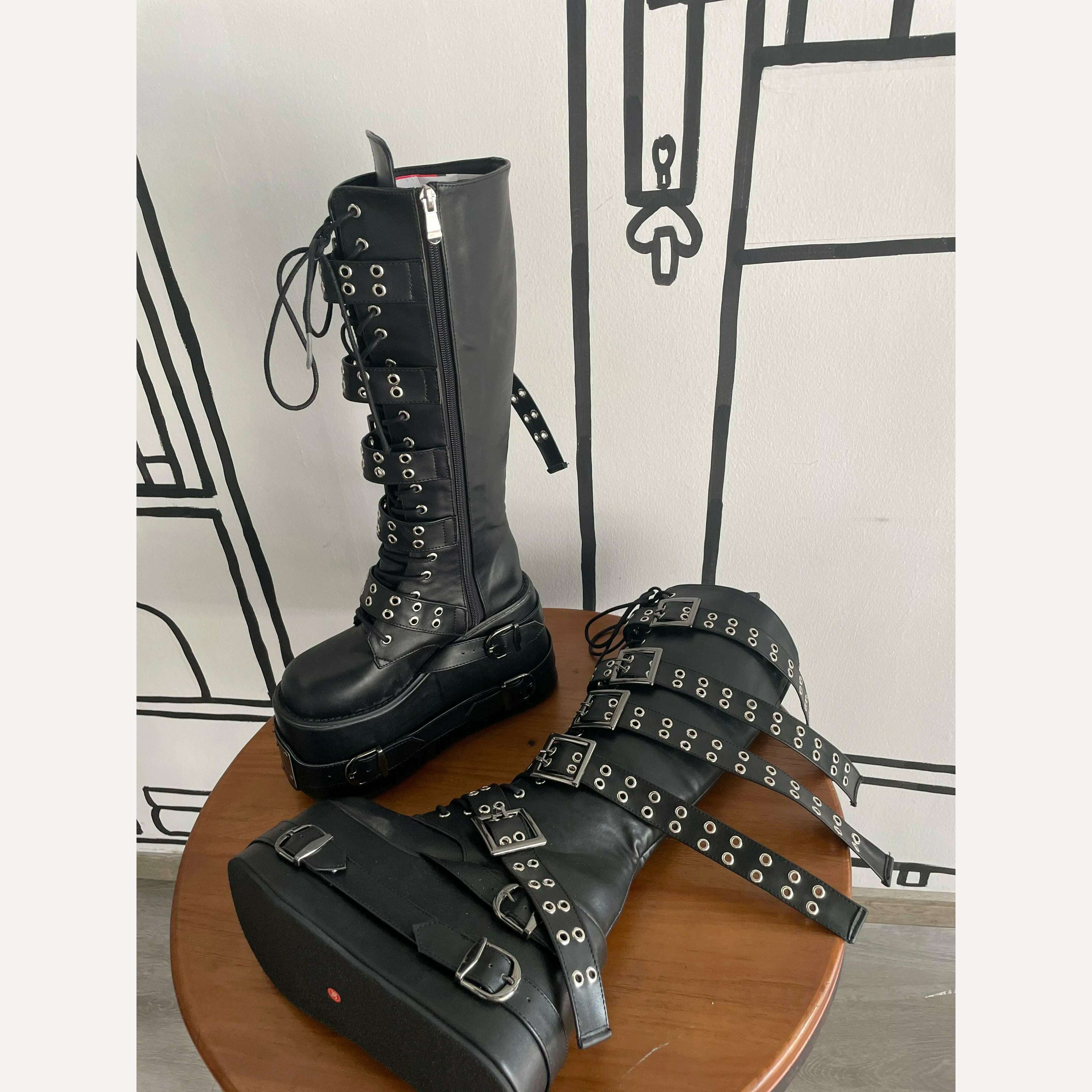 KIMLUD, Punk Platform Knee-high boots Long Belt Buckle High Heels Wedges Metal Sheet Round Toe Lace Up Zip Boots Woman Man Gothic Shoes, Black / 33, KIMLUD APPAREL - Womens Clothes