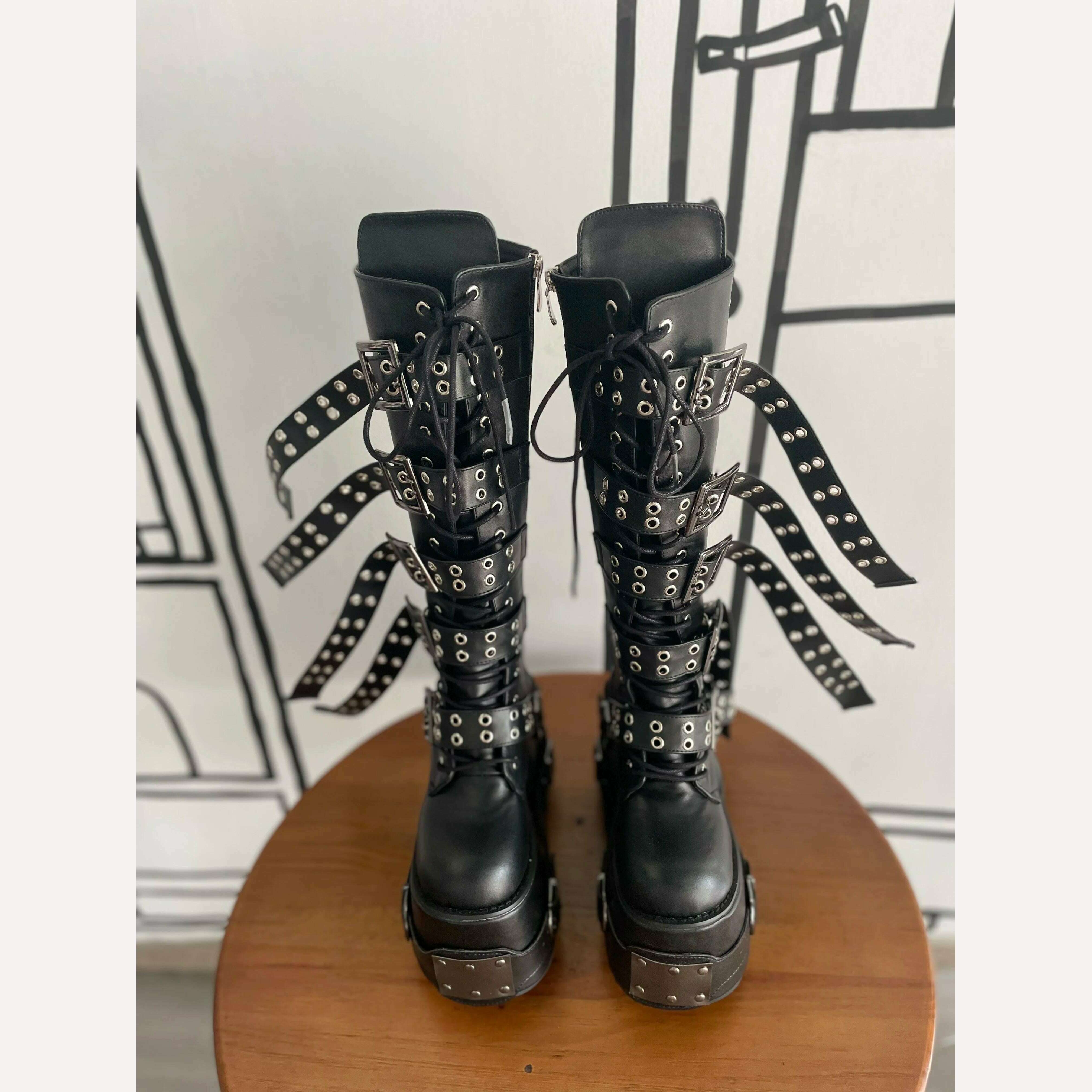 KIMLUD, Punk Platform Knee-high boots Long Belt Buckle High Heels Wedges Metal Sheet Round Toe Lace Up Zip Boots Woman Man Gothic Shoes, KIMLUD Womens Clothes