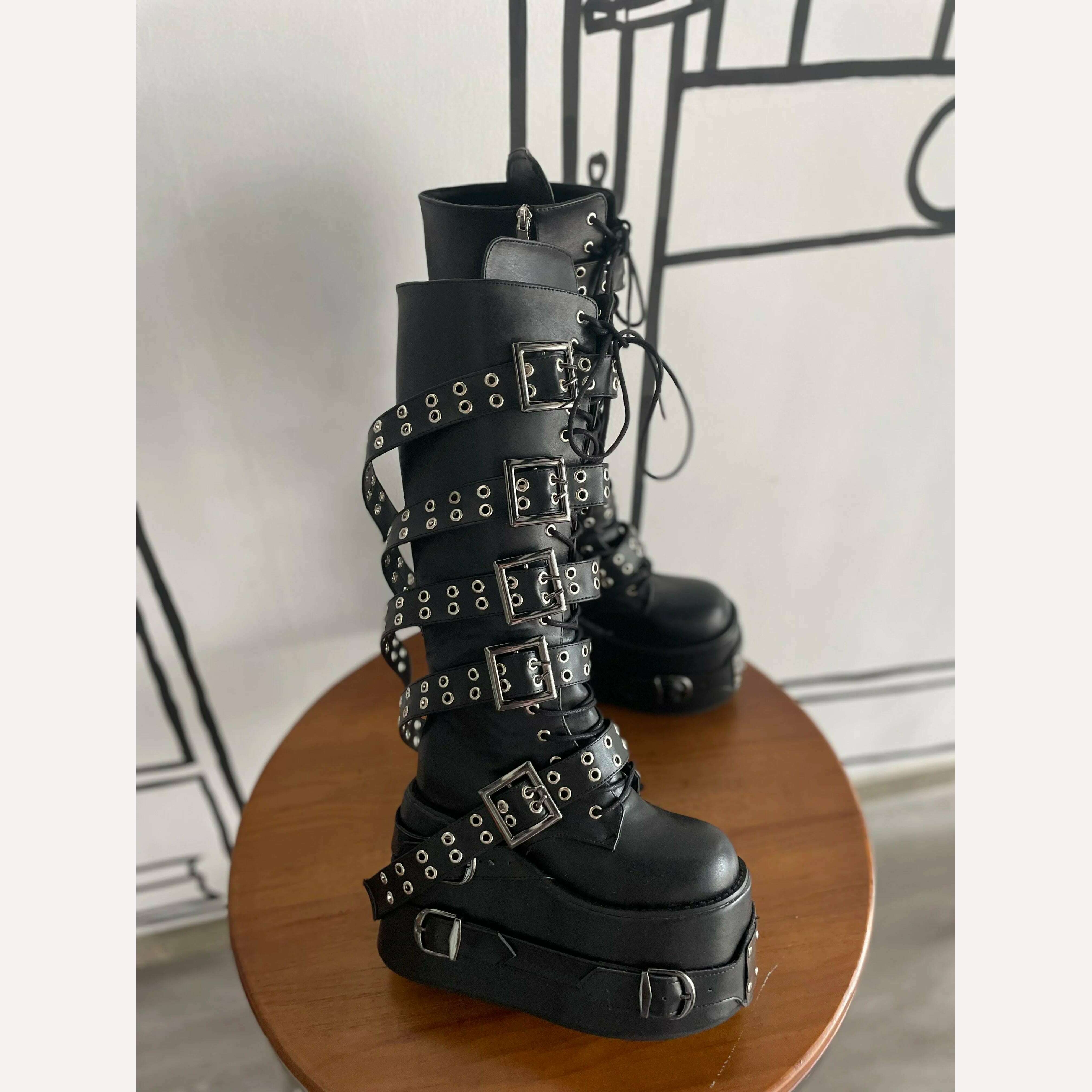 KIMLUD, Punk Platform Knee-high boots Long Belt Buckle High Heels Wedges Metal Sheet Round Toe Lace Up Zip Boots Woman Man Gothic Shoes, KIMLUD Womens Clothes