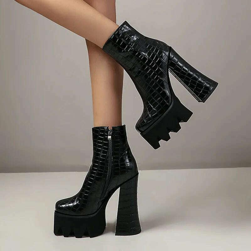 KIMLUD, Punk Style Thick Soled Women Boots with Zipper 15CM Ultra High Thick Heel Motorcycle Boots Autumn and Winter Ladies Ankle Boots, KIMLUD Womens Clothes