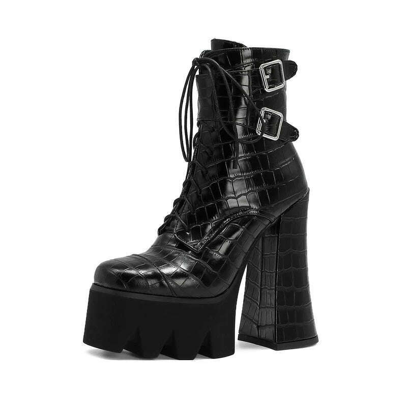KIMLUD, Punk Style Thick Soled Women Boots with Zipper 15CM Ultra High Thick Heel Motorcycle Boots Autumn and Winter Ladies Ankle Boots, KIMLUD Womens Clothes