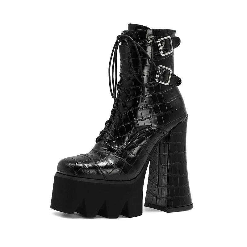 KIMLUD, Punk Style Thick Soled Women Boots with Zipper 15CM Ultra High Thick Heel Motorcycle Boots Autumn and Winter Ladies Ankle Boots, KIMLUD Womens Clothes