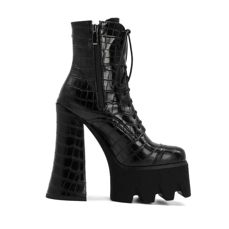 KIMLUD, Punk Style Thick Soled Women Boots with Zipper 15CM Ultra High Thick Heel Motorcycle Boots Autumn and Winter Ladies Ankle Boots, KIMLUD Womens Clothes
