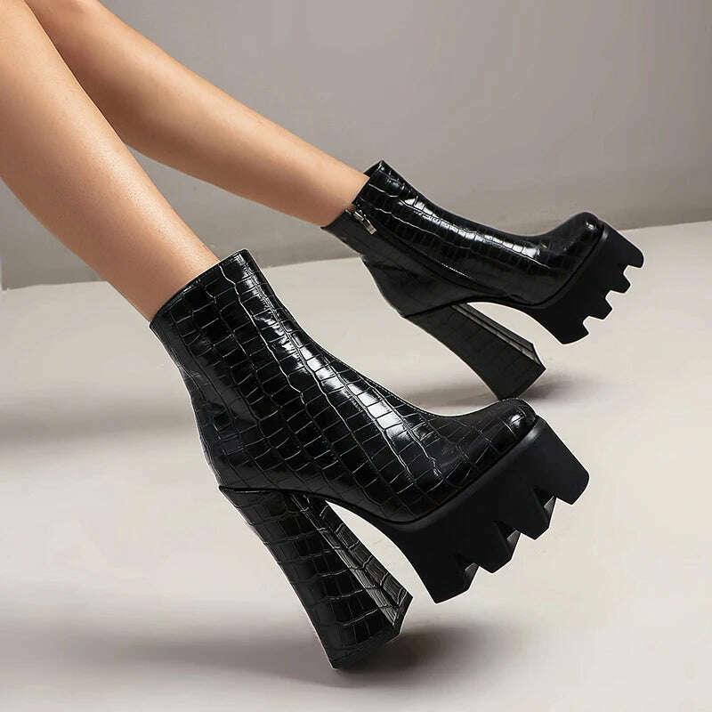 KIMLUD, Punk Style Thick Soled Women Boots with Zipper 15CM Ultra High Thick Heel Motorcycle Boots Autumn and Winter Ladies Ankle Boots, KIMLUD Womens Clothes