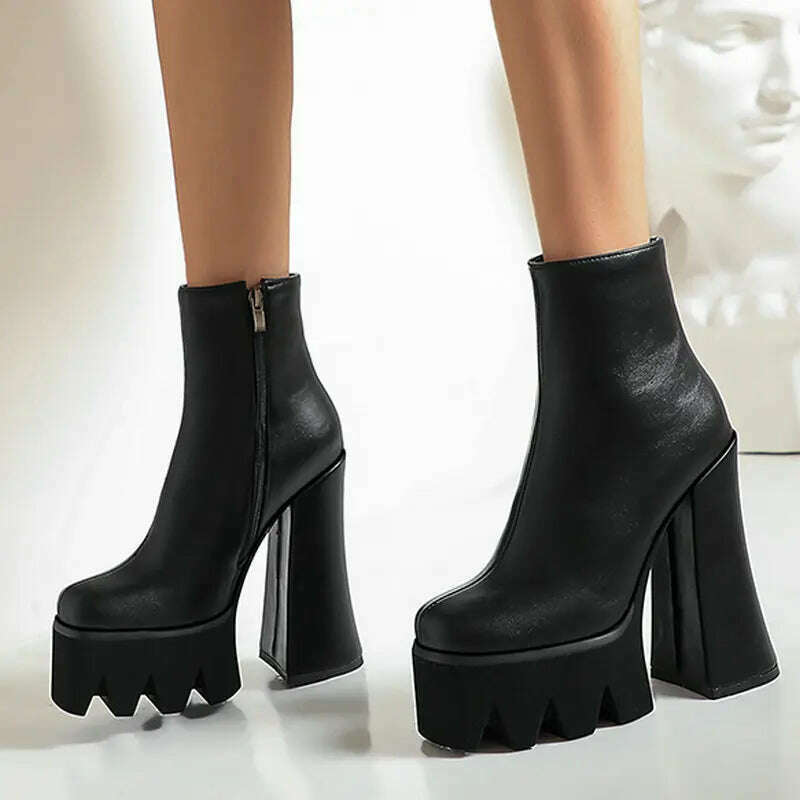 KIMLUD, Punk Style Thick Soled Women Boots with Zipper 15CM Ultra High Thick Heel Motorcycle Boots Autumn and Winter Ladies Ankle Boots, Black PU / 5, KIMLUD APPAREL - Womens Clothes