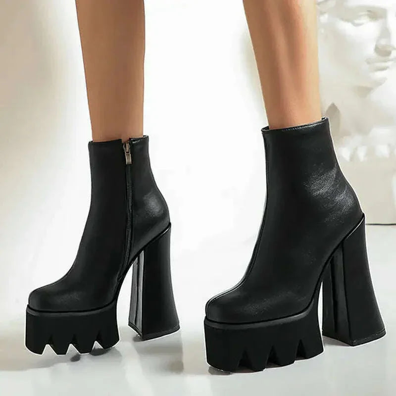 KIMLUD, Punk Style Thick Soled Women Boots with Zipper 15CM Ultra High Thick Heel Motorcycle Boots Autumn and Winter Ladies Ankle Boots, KIMLUD Womens Clothes
