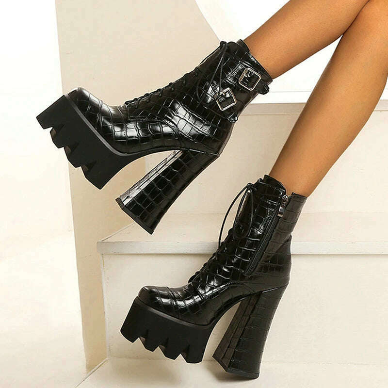 KIMLUD, Punk Style Thick Soled Women Boots with Zipper 15CM Ultra High Thick Heel Motorcycle Boots Autumn and Winter Ladies Ankle Boots, Black lace crack / 5, KIMLUD APPAREL - Womens Clothes
