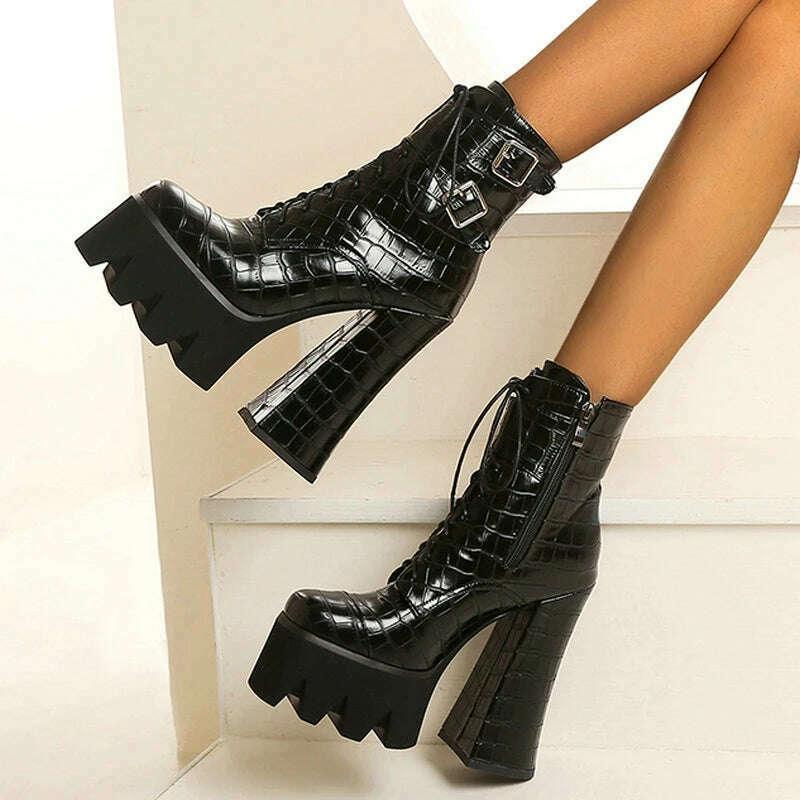 KIMLUD, Punk Style Thick Soled Women Boots with Zipper 15CM Ultra High Thick Heel Motorcycle Boots Autumn and Winter Ladies Ankle Boots, KIMLUD Womens Clothes