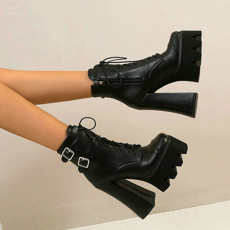 KIMLUD, Punk Style Thick Soled Women Boots with Zipper 15CM Ultra High Thick Heel Motorcycle Boots Autumn and Winter Ladies Ankle Boots, Black lace PU / 5, KIMLUD APPAREL - Womens Clothes