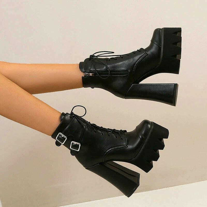 KIMLUD, Punk Style Thick Soled Women Boots with Zipper 15CM Ultra High Thick Heel Motorcycle Boots Autumn and Winter Ladies Ankle Boots, KIMLUD Womens Clothes