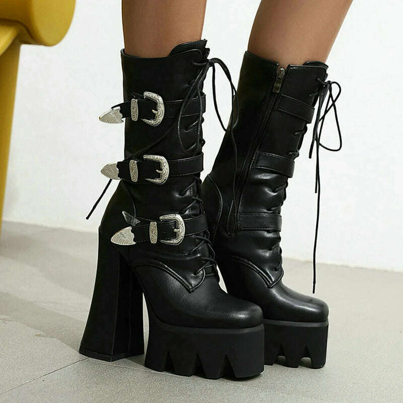 KIMLUD, Punk Style Thick Soled Women Boots with Zipper 15CM Ultra High Thick Heel Motorcycle Boots Autumn and Winter Ladies Ankle Boots, Black long / 5, KIMLUD APPAREL - Womens Clothes