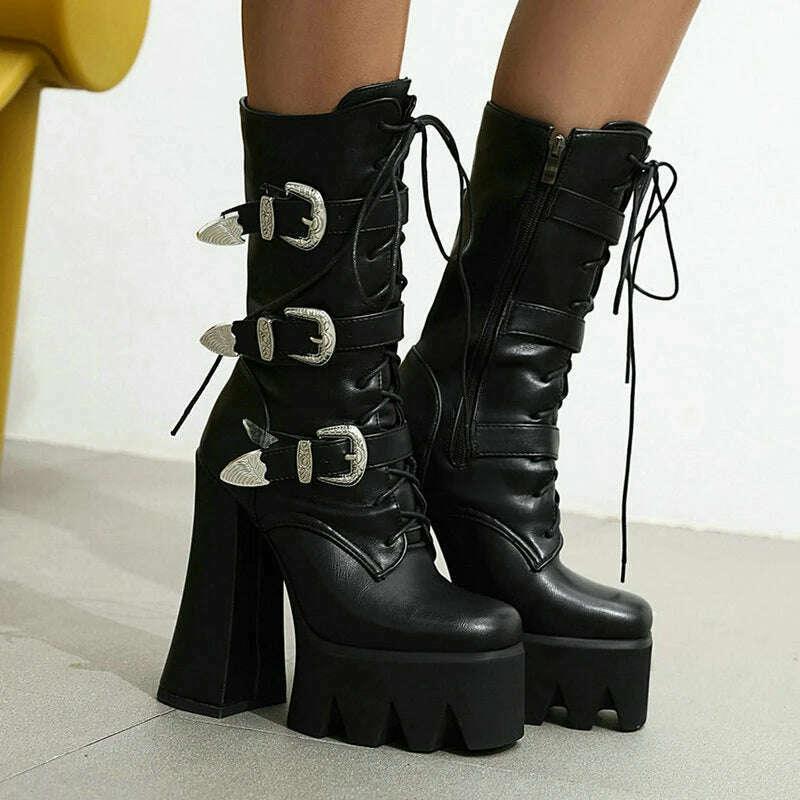 KIMLUD, Punk Style Thick Soled Women Boots with Zipper 15CM Ultra High Thick Heel Motorcycle Boots Autumn and Winter Ladies Ankle Boots, KIMLUD Womens Clothes