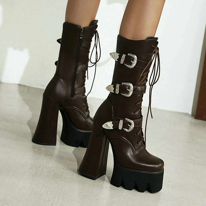 KIMLUD, Punk Style Thick Soled Women Boots with Zipper 15CM Ultra High Thick Heel Motorcycle Boots Autumn and Winter Ladies Ankle Boots, Brown long / 5, KIMLUD APPAREL - Womens Clothes
