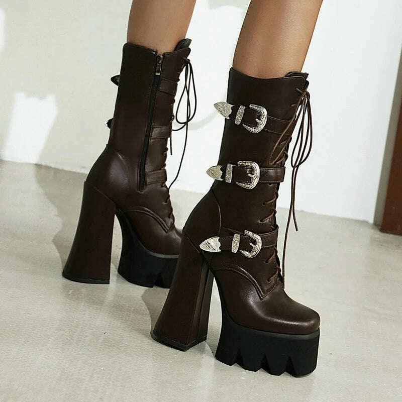 KIMLUD, Punk Style Thick Soled Women Boots with Zipper 15CM Ultra High Thick Heel Motorcycle Boots Autumn and Winter Ladies Ankle Boots, KIMLUD Womens Clothes